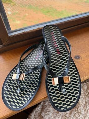 Coach Black Sandal Flip-Flops with Gold Bow Accent